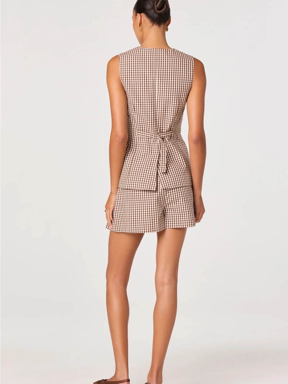 Astr Brown Gingham Sleeveless Button Vest & Mini Shorts Set - Picture 3 of 16